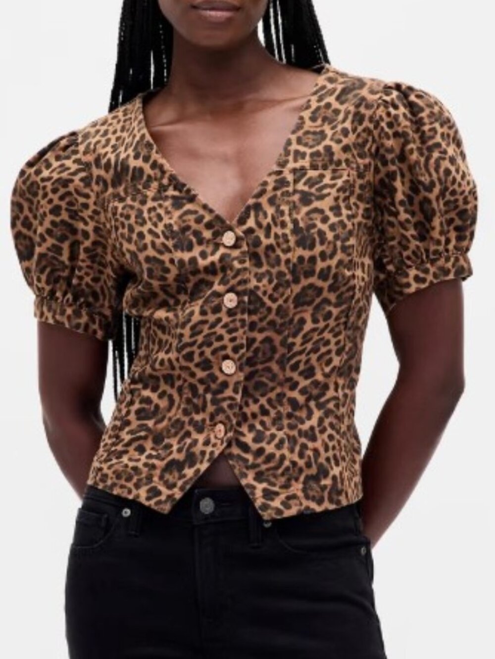 GAP DENIM Puff-Sleeve TOP Seamed Top DARK BROWN LEOPARD COTTON TOP xl tall NEW